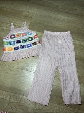 Source Unknown Pink Crochet Knit Kids Matching Set with Multicolor Accents